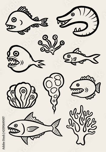Stylized ink hand draw marine creatures and abstract forms with black outlines on a light beige background