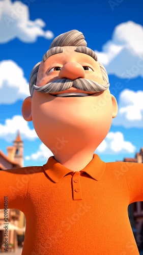 Happy 3D cartoon elderly man standing in sunny town.