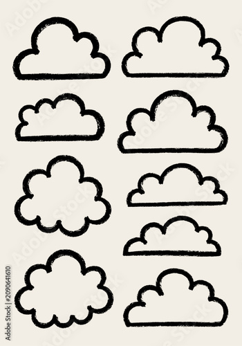 Eight different hand-drawn ink outline cloud shapes with a textured look on a solid light beige background