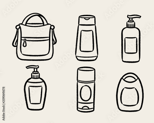 A collection of cosmetic bottles and a bag in black outline, ink hand draw style on a light beige background