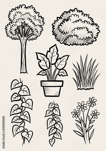 Botanical elements set with tree, shrub, potted plant, grass, vines, and flowers in black ink hand draw doodle style