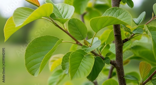 Fresh Green Leaves Growing on Tree Branch in Soft Natural Light