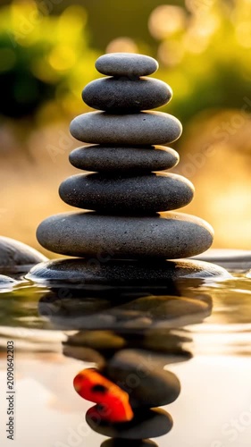 Balanced zen stones rising from still water with koi 
