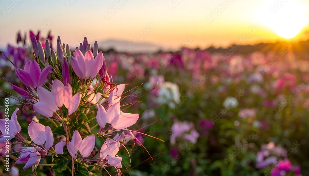 Fototapeta premium Vibrant Pink Wildflowers Blooming in Sunlit Meadow at Sunset