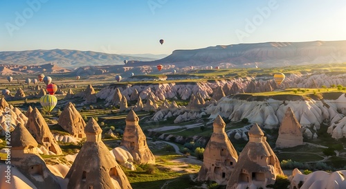 Colorful Hot Air Balloons Floating Over Rocky Cappadocia Valley at Sunrise