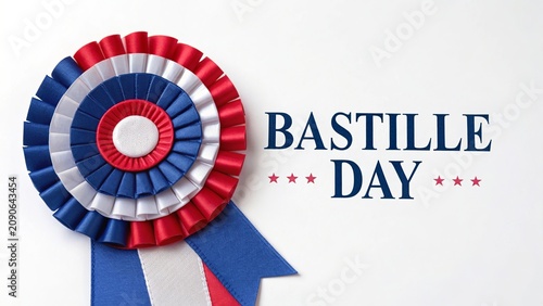 Bastille Day French tricolor cockade rosette pin on white background.
