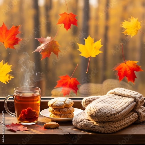 Cozy Autumn Tea with Cookies and Knitted Blanket on Wooden Window Sill