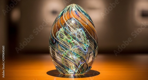 Colorful Handblown Glass Egg Sculpture Displayed on Warm Wooden Table