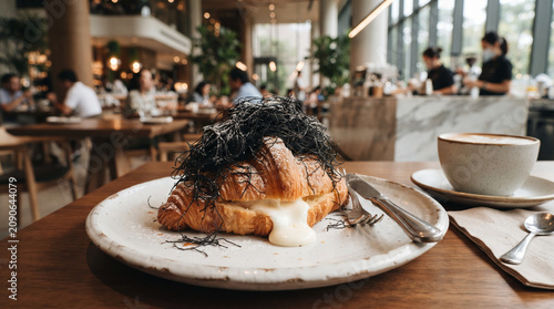 Delicious Thai Hair Croissant Dessert Served in Cozy Café