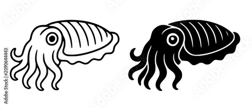 Minimalist cuttlefish icon in outline and silhouette design