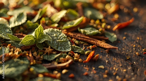 Close-up of fresh mint leaves and cinnamon sticks on a wooden table