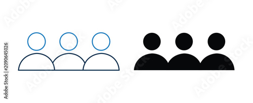 Two sets of three minimalist human icons, one outlined in blue and the other filled in black, representing a group of users or a team.