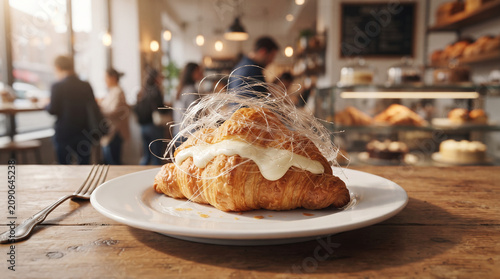 Thai Hair Croissant with Sweet Cream Filling in Modern Bakery