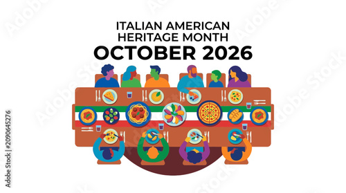 A festive illustration celebrating Italian American Heritage Month with a communal dining scene.