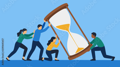 Collaborative team tilting a giant hourglass to restart flowing sand, bold vector business metaphor for time management, deadlines, renewal, productivity, teamwork and strategic urgency
