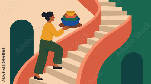 Determined woman balancing nested bowls on a tray while climbing sweeping spiral stairs, colorful vector metaphor for service, hospitality, focus, multitasking, ambition and daily progress
