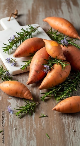 Fresh Orange Sweet Potatoes Arranged with Rosemary on Rustic Wooden Table