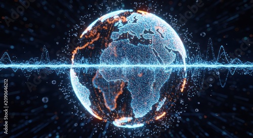 Dotted globe overlayed with a vibrant waveform on a dark, speckled background