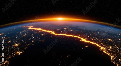 Earth from space, illuminated by sunrise/sunset, showing city lights