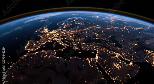 Earth view from space at night, showing Europe and surrounding continents