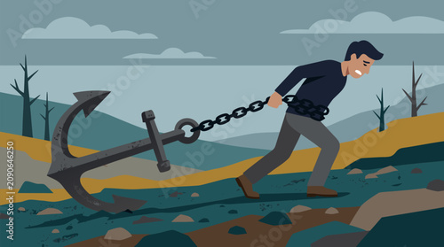 Weary man dragging a massive iron anchor chained to his waist across a bleak landscape, symbolic vector illustration of burden, burnout, struggle, depression, emotional baggage and resilience