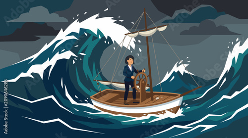 Brave businesswoman steering a tiny sailboat through towering storm waves, bold leadership and resilience concept in dramatic vector illustration with dark ocean, crashing foam and stormy sky