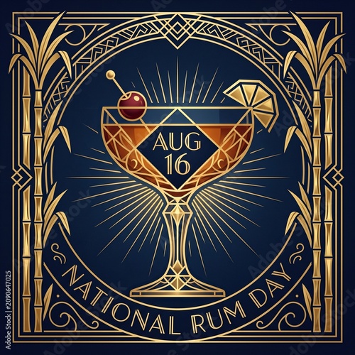 Stylish Art Deco Minimalist Vector Illustration of Rum Cocktail in Coupe Glass with Gold Sunburst Patterns for National Rum Day

