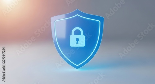 Glossy blue shield with a padlock symbol against soft, bright background