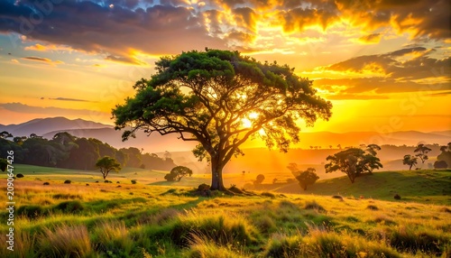 A vibrant sunrise casts golden light over a grassy landscape with scattered trees and distant mountains, creating a tranquil vista