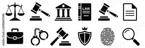 Obraz na plátně Law and justice icon set, court and legal system symbols featuring gavel, scales, handcuffs, and judiciary concepts in vector style