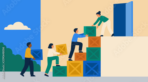 Collaborative team building stairway from colorful crates to reach high doorway, flat vector concept of teamwork, career growth, problem solving, support, ambition, and shared business success