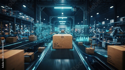 Automated logistics conveyor belt with digital tracking data in a warehouse. Smart shipping and supply chain.