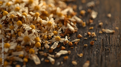 Close-up of dried chamomile flowers on a wooden table