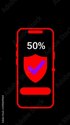 Red neon smartphone icon with security shield and checkmark