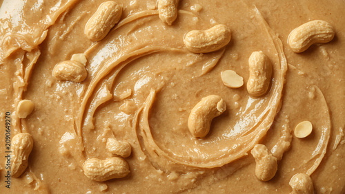 Close up of tasty creamy peanut butter with peanut nuts. Food background with free place for text.