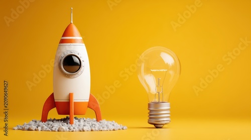 Toy rocket spaceship with a light bulb on a bright yellow background, business startup concept, creative thinking and innovation launching, minimal studio product shot with copy space