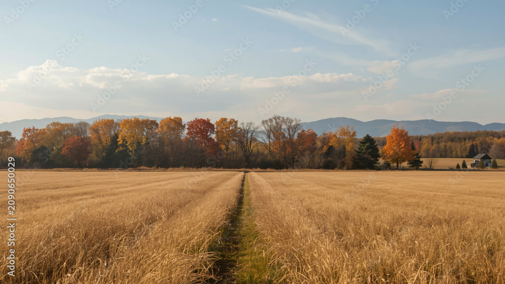 Naklejka premium Harvested rice field with rows of stubble