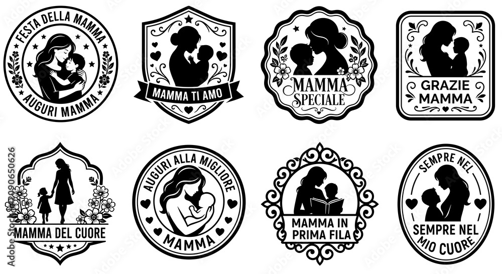 Fototapeta premium Elegant black silhouette Italian Mother's day badge collection featuring festa della mamma vector typography labels with mom and baby for vintage greeting card and stamp design.