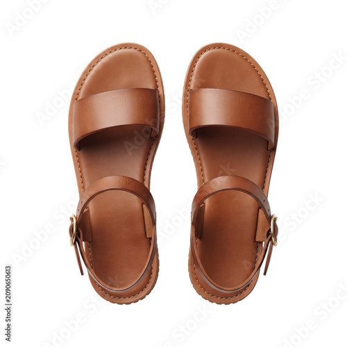 Quadro su tela Brown leather flat sandals top view summer shoes