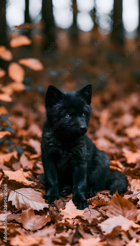 Fototapeta premium Curious fox cub explores autumn leaves a heartwarming scene of woodland serenity and gentle light