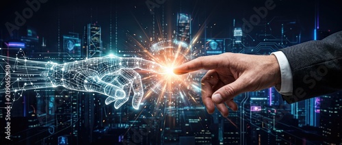 A futuristic scene showcasing the interaction between a human hand and a robotic hand enhanced by digital effects set against a vibrant cityscape representing the bond between technology and humanity.