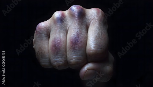 Close-up of boxer knuckle bruise and severe fist injury. Dramatic lighting photography for combat sport trauma on black background.