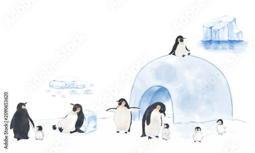 かまくらと氷山とペンギンたちの水彩イラスト素材セット