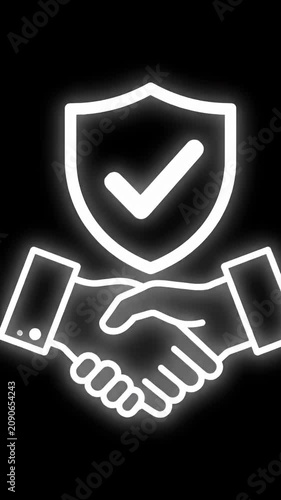 White handshake line art icon on black background.