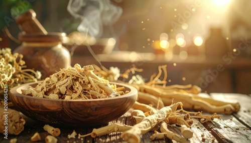 Dry herbal roots in wooden bowl with steam.