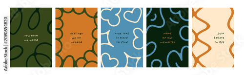 Abstract doodle line card designs with handwritten phrases, lettering. Curvy ...
