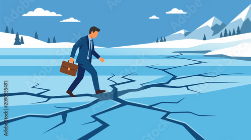 Businessman in suit cautiously crossing cracked frozen lake, carrying briefcase through alpine winter landscape, dramatic vector concept of risk, uncertainty, fragile decisions and leadership