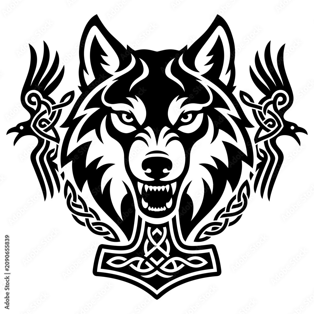 Obraz premium Norse wolf head with raven ornaments vector