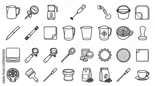 Bild auf Leinwand Coffee making tools arranged in a grid with clean lines and simple shapes