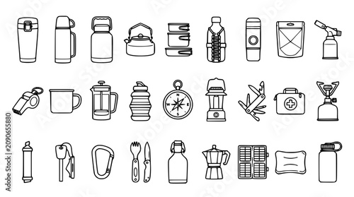 Fotografie Outdoor camping equipment collection in a clean line silhouette style for advent